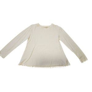 Johnny Was Calme White Pom Pom Bamboo Crew Neck Long Sleeve Tee